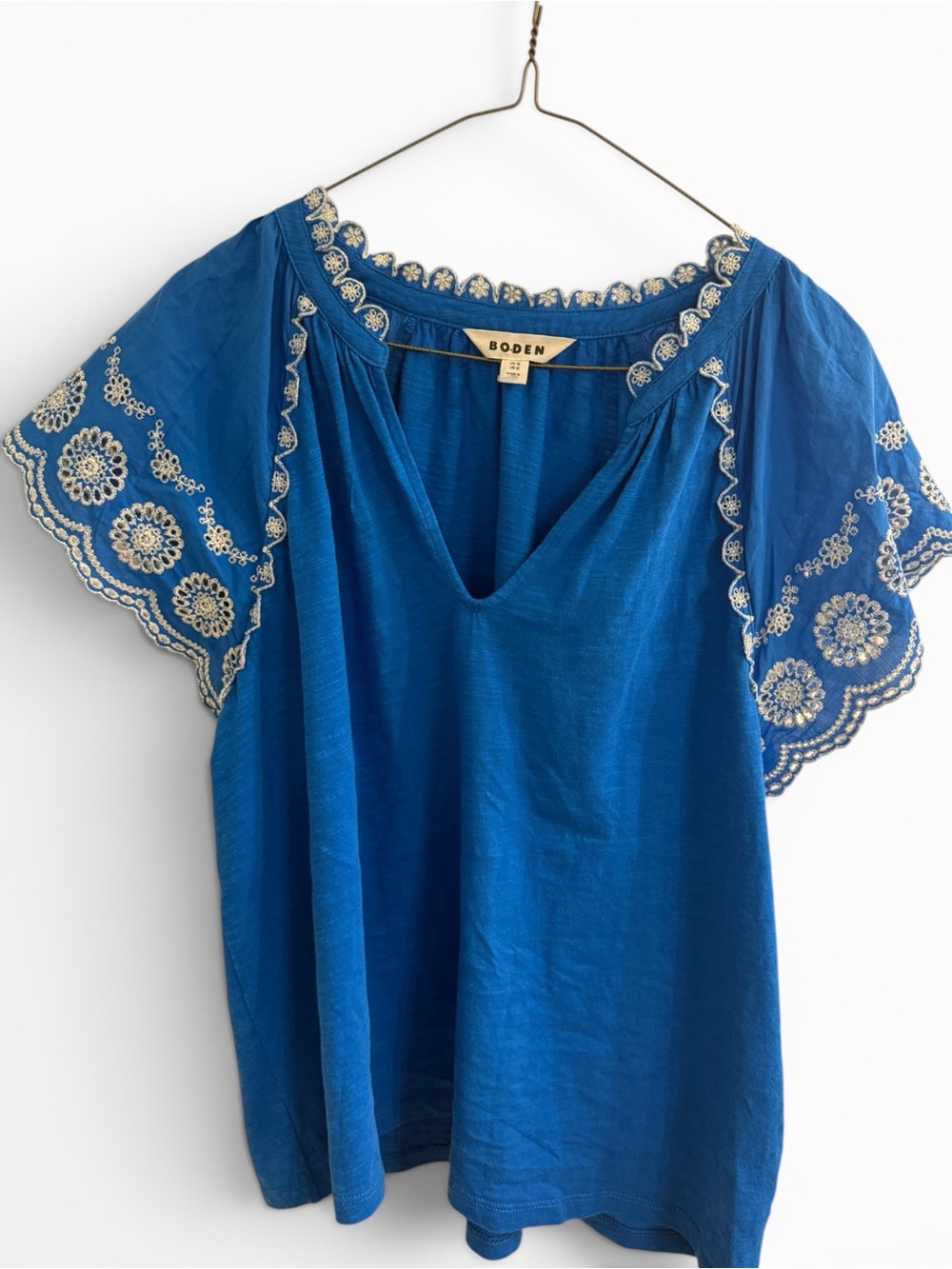 Boden Royal Blue Embroidered Flutter-Sleeve Top